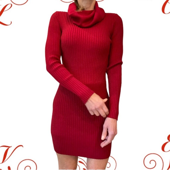 Valentine Red Sweater Dress Bodycon Fit Long Sleeve, Cow Neck, Short Length Sz S - Picture 4 of 11